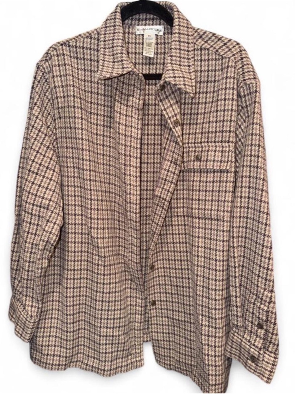 Evan Picone Beige and Brown Plaid Button-Front Casual Shirt